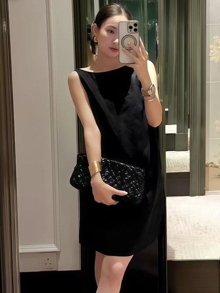 韓版法式白色U領肌理感連衣裙女夏季新款簡約寬松吊帶背心裙通勤25072702