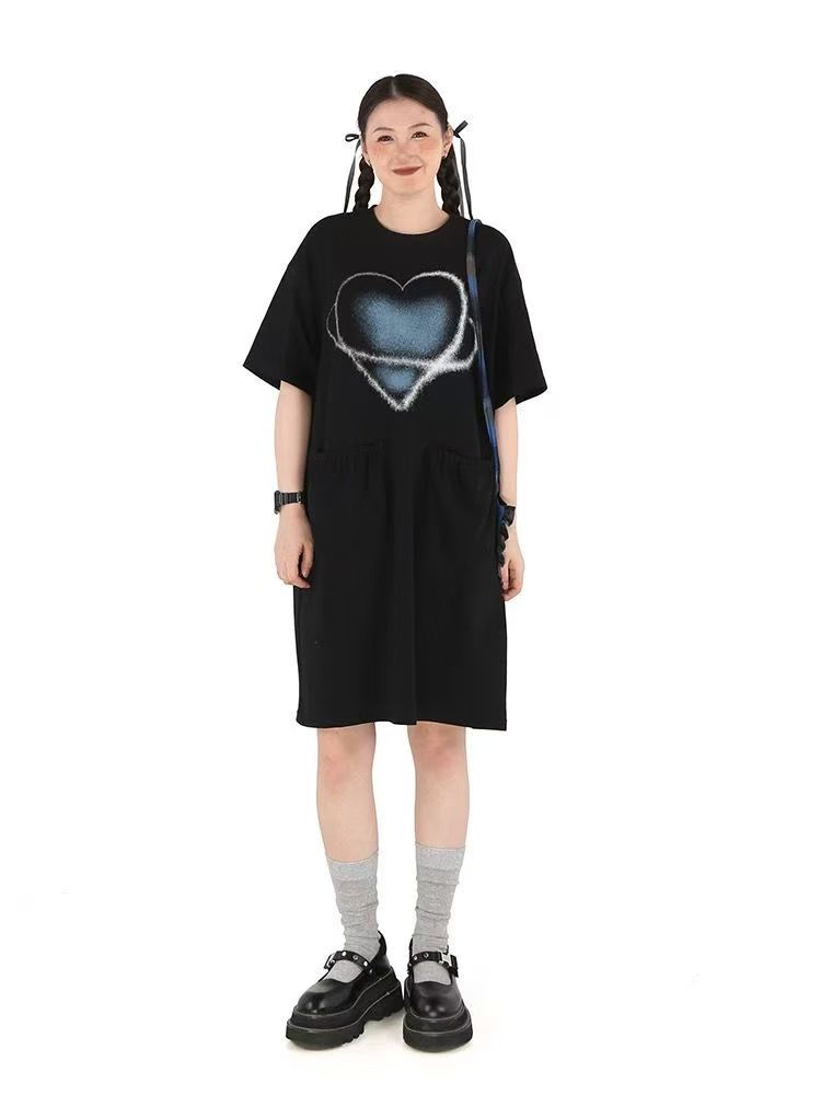 韓版夏季夏裝新款休閒T恤短袖女裝大碼圓領顯瘦連衣裙寬松超仙25072803