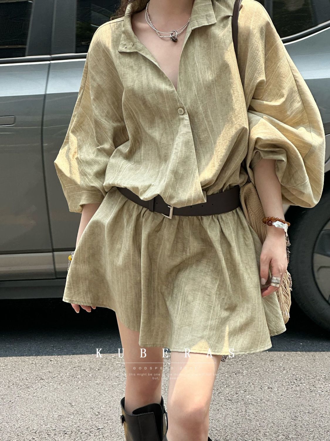 韓版甜美寬松慵懶設計感蝙蝠袖短款V領工裝襯衫連衣裙小眾A字短裙25080504