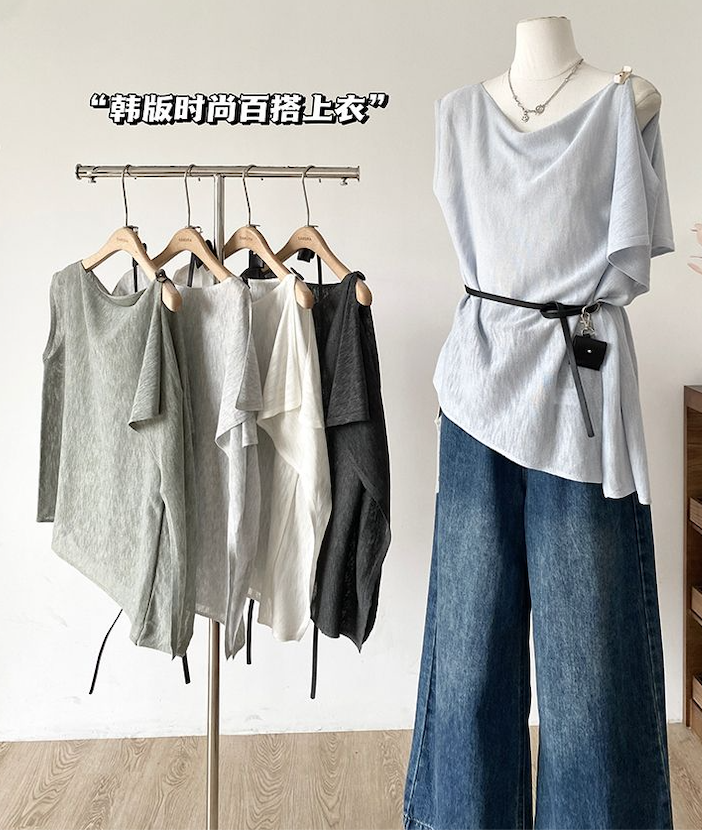 韓版設計不規則蕩領T恤上衣女夏新款配腰帶休閒寬松別緻無袖小衫25080703