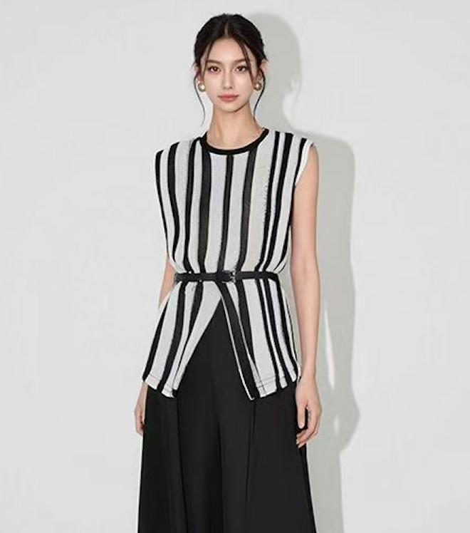 韓版藝術家百搭經典大牌優雅氣質條紋無袖背心上衣女配腰帶25081303