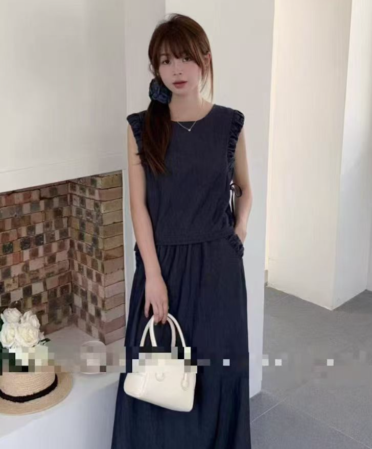 韓版藍色清冷鬆弛感馬甲套裝裙女夏新款法式氣質減齡半身裙兩件套25081603