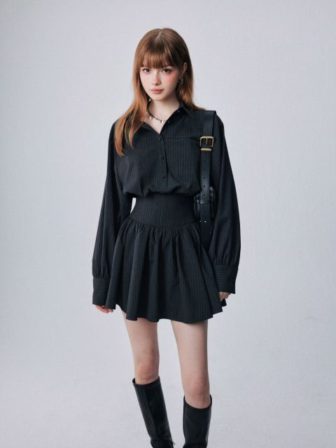 韓版春季新款法式辣妹灰色長袖收腰氣質連衣裙女小個子襯衫短款連衣裙25082005