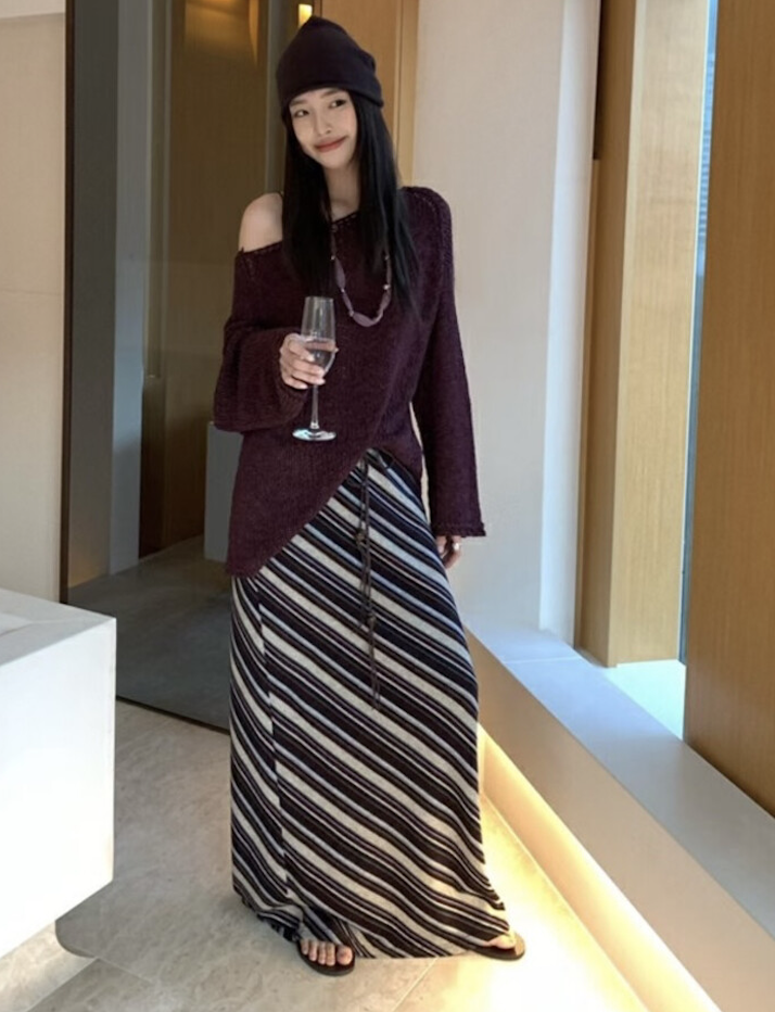 韓版新款韓系慵懶復古斜條紋半身裙女高腰顯瘦百搭A字長裙25082604