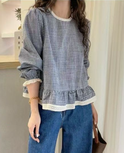 韓版韓系寬松春季新款上衣甜美白色花邊襯衫圓領荷葉襯衣小衫25082601