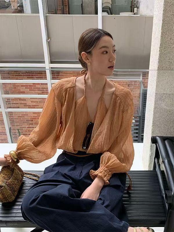 韓版法式超好看獨特漂亮上衣V領掛脖小衫高級感chic別緻橘色襯衫秋季25082901