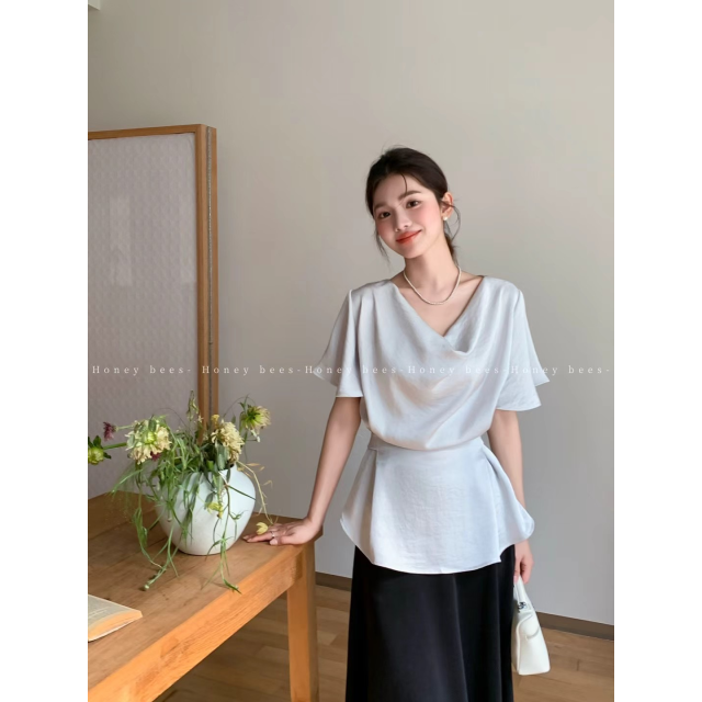 緞面收腰襯衫女新款輕奢高級感氣質獨特漂亮蕩領短袖夏季小衫25091201