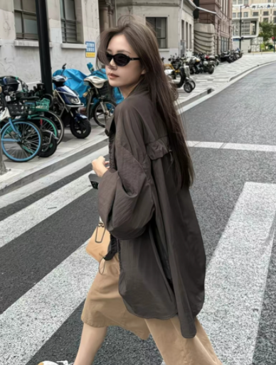 韓版抽繩設計襯衫式風衣外套百搭抽繩寬松上衣女秋季新款純色夾克25091701