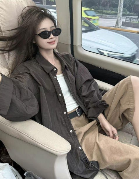 韓版抽繩設計襯衫式風衣外套百搭抽繩寬松上衣女秋季新款純色夾克25091701