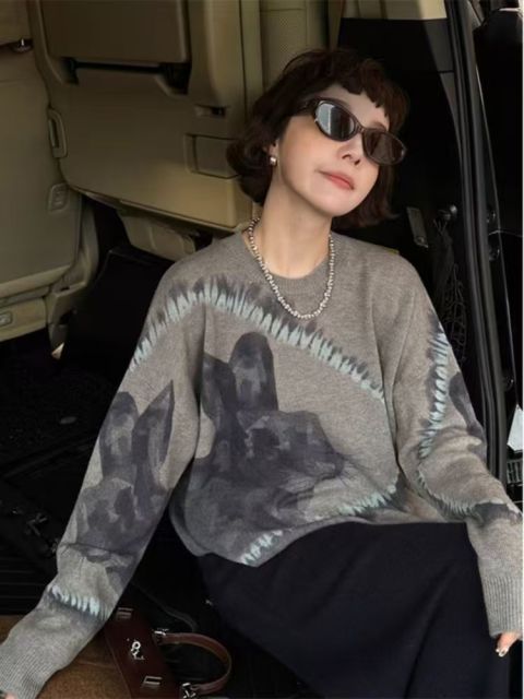 韓版高級兔子印花衫寬松顯瘦針織衫上衣歐貨長袖加厚慵懶毛衣秋冬25092003
