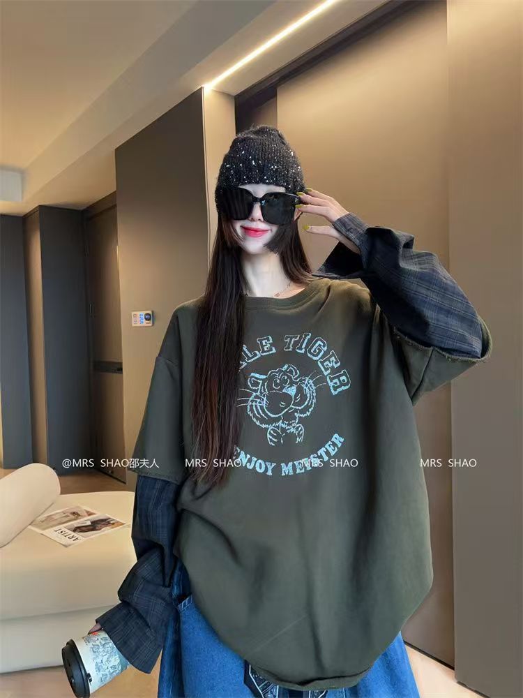 韓版假兩件長袖衛衣女大碼早秋新款寬松顯瘦百搭設計師上衣潮25092105