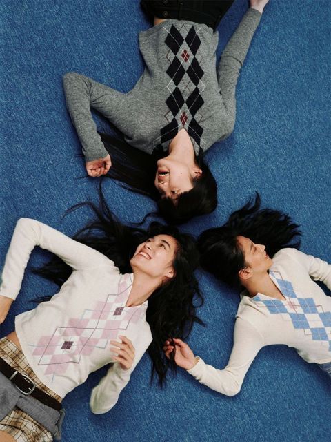 韓版MUTH菱形格復古小V領針織衫毛衣上衣女25092402