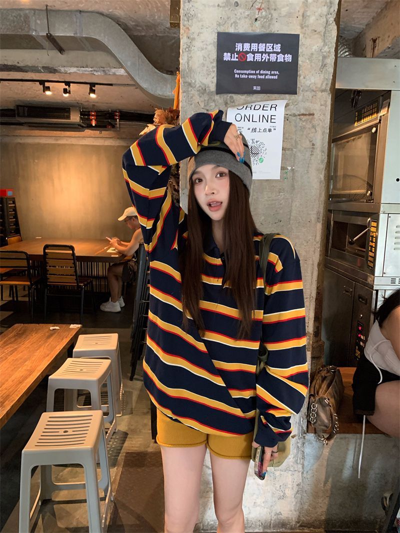 韓版慵懶撞色條紋polo領長袖衛衣女秋季新款寬松套頭休閒上衣25100101