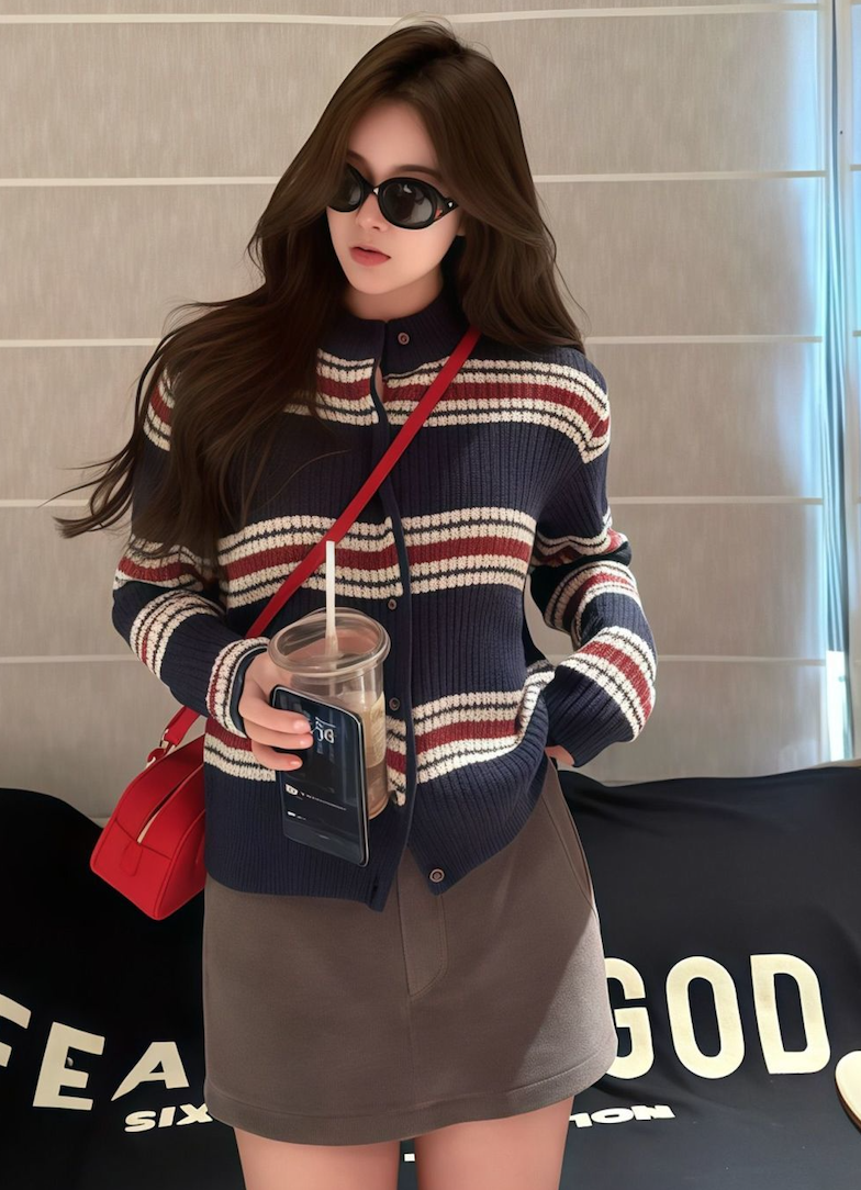 韓版撞色條紋長袖毛衣開衫女秋冬新款時尚減齡百搭針織外套25101205