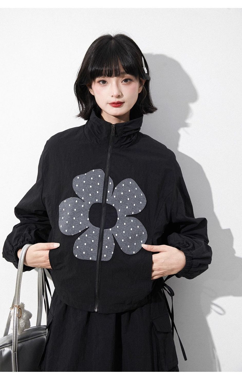 韓版花園波爾卡黑色花朵拼接泡泡袖衝鋒衣外套學院風套裝25101504