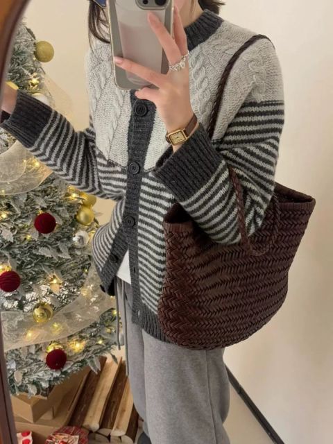 韓版日系復古文藝風條紋毛衣針織開衫外套女秋冬新款加厚休閒慵懶上衣25101502