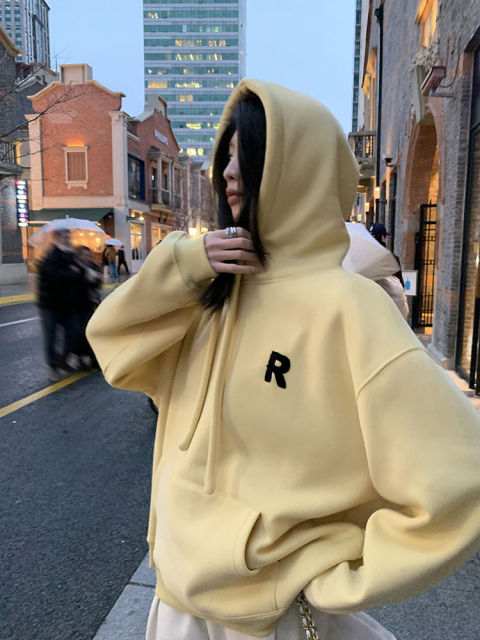 韓版抽繩連帽衛衣女秋冬新款寬松oversize美式上衣黃色加絨外套純棉25101603