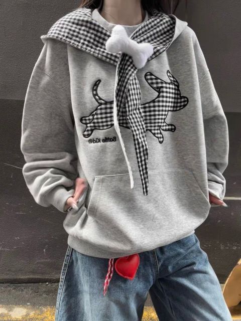 韓版小狗刺繡拼接復古格子連帽衛衣慵懶學院寬松上衣外套潮25101601