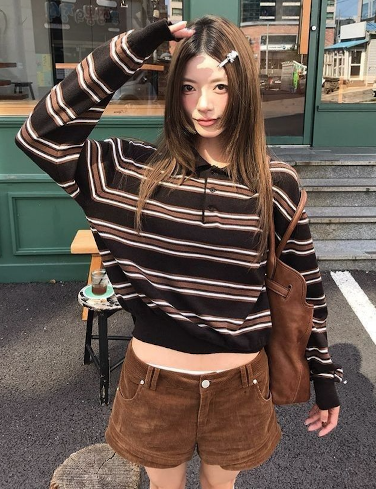 韓版秋季POLO領長袖針織衫女氣質休閒復古寬松條紋上衣25101705