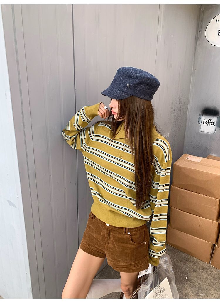 韓版秋季POLO領長袖針織衫女氣質休閒復古寬松條紋上衣25101705