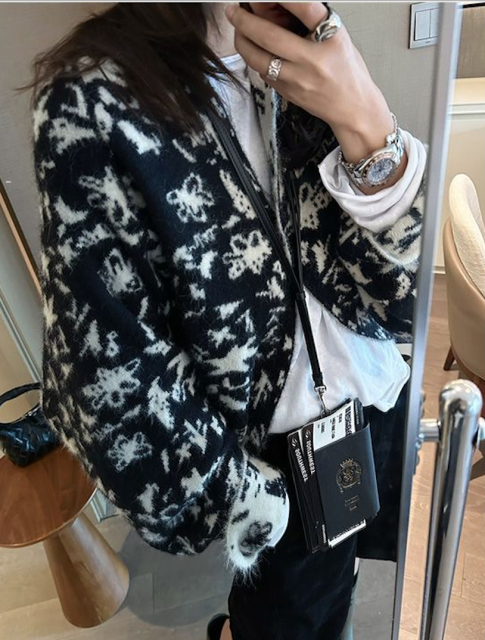 韓版美式復古風雙面織兩面穿提花毛衣外套女秋季新款設計寬鬆軟糯上衣25102402