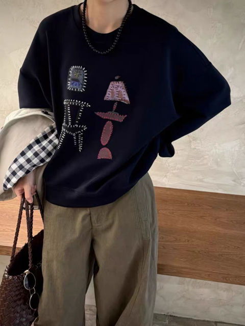 韓版圓領衛衣女秋冬休閒百搭ins外穿寬松美式復古上衣加絨加厚遮肉韓25102401