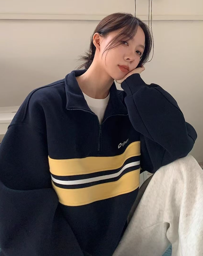 韓版春秋新款韓版復古撞色半拉鍊慵懶風polo領衛衣男女寬松上衣潮25102502
