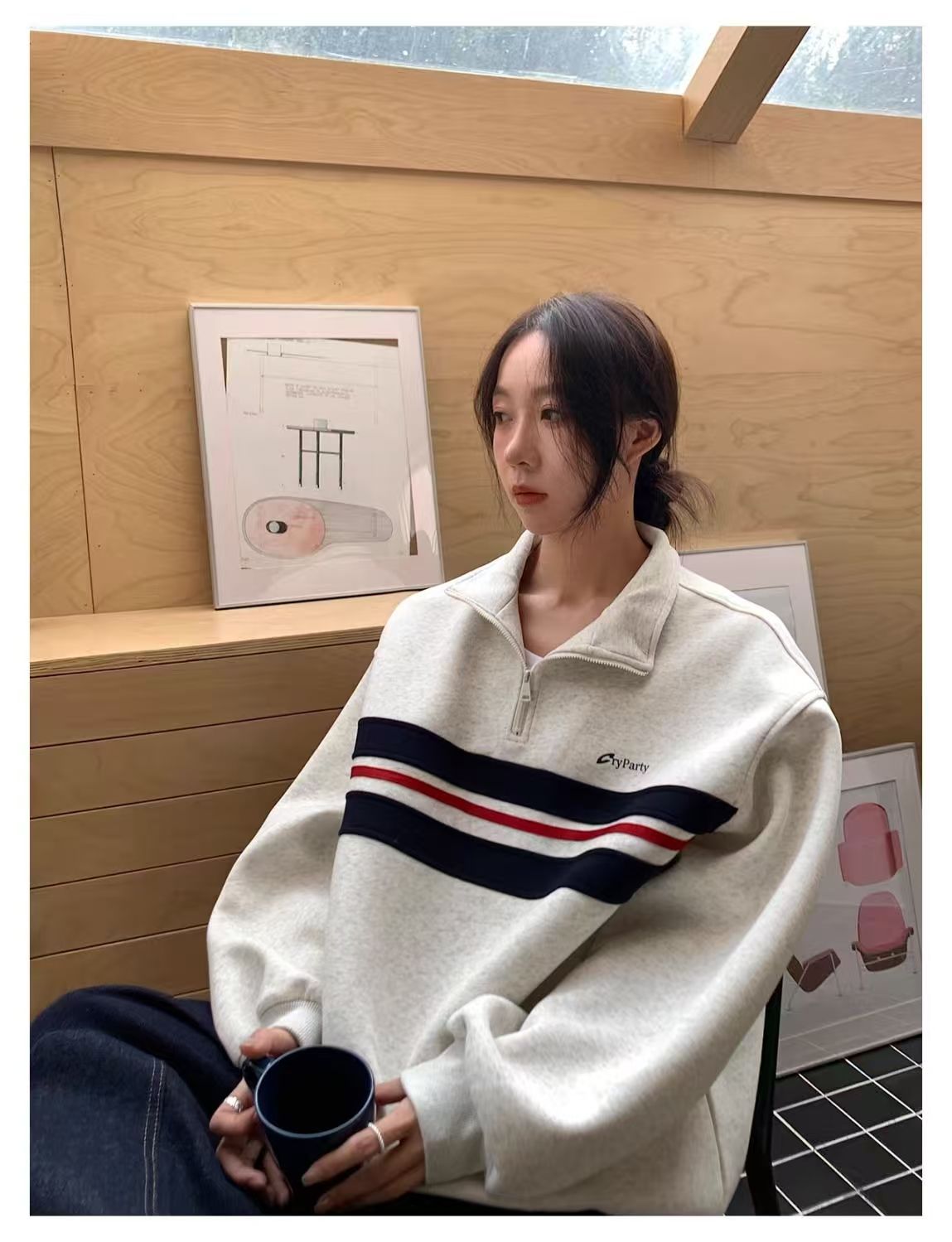 韓版春秋新款韓版復古撞色半拉鍊慵懶風polo領衛衣男女寬松上衣潮25102502