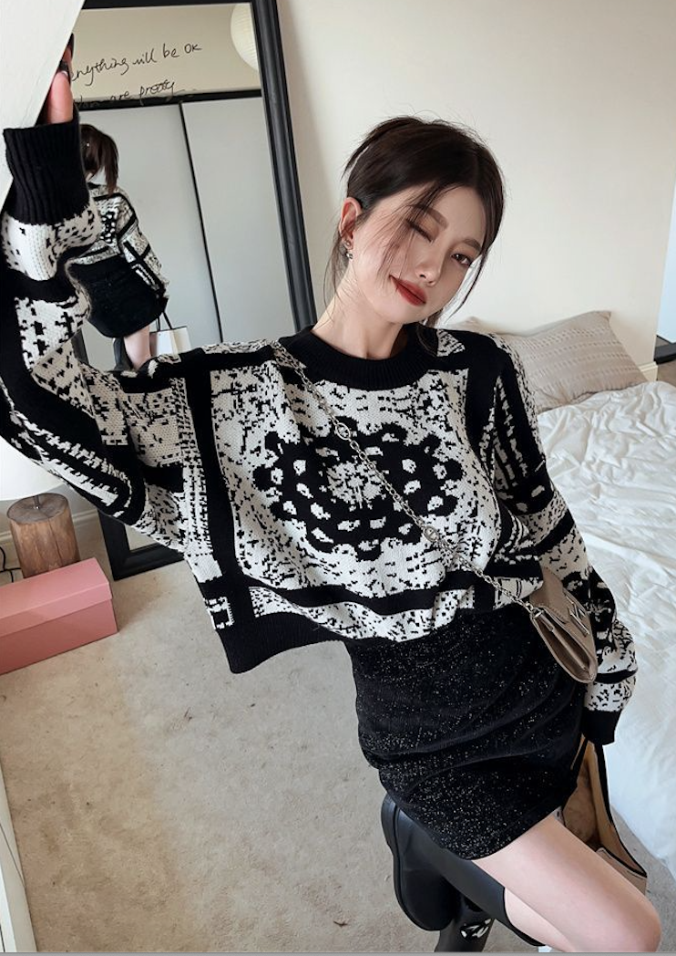 韓版慵懶風復古提花毛衣女新款設計感小眾寬松短款針織衫上衣25102703