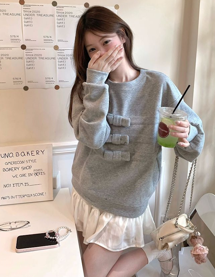 韓版甜美風白色蝴蝶結長袖衛衣女秋季新款減齡百搭寬松圓領上衣潮25111105