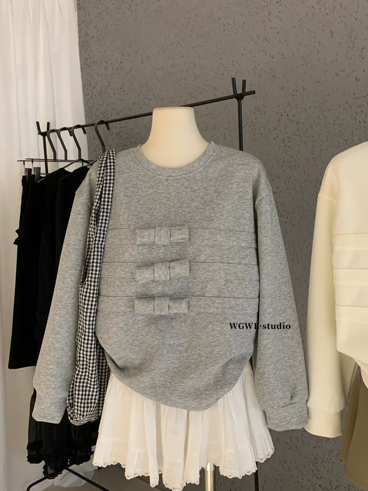 韓版甜美風白色蝴蝶結長袖衛衣女秋季新款減齡百搭寬松圓領上衣潮25111105