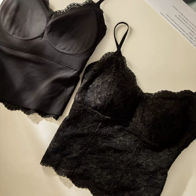 韓版法式蕾絲磨毛保暖背心女新款帶胸墊內搭外穿一體吊帶打底上衣25111104