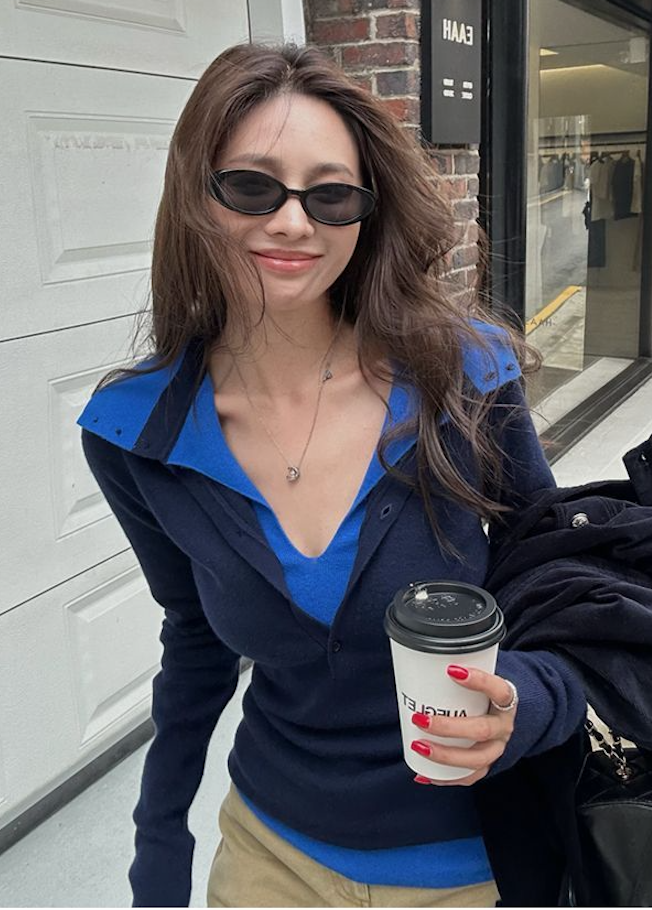 韓版藍色假兩件翻領長袖針織衫女春秋季設計感修身內搭打底衫短款上衣25111404