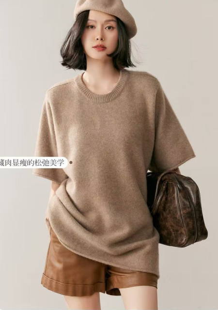 韓版廓形圓領半袖羊絨衫女秋冬加厚時尚休閒慵懶風中長款顯瘦遮肉上衣25111502