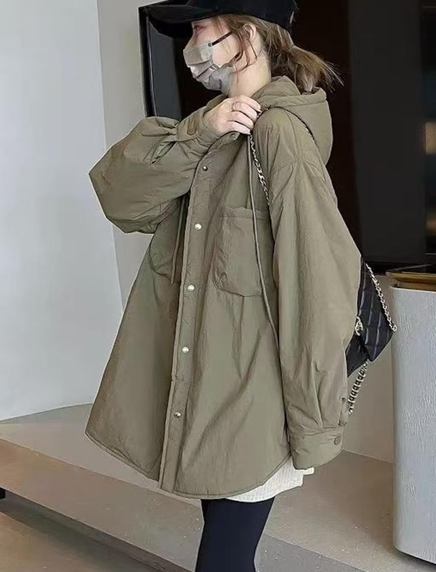 韓版輕薄棉服連帽秋冬新款貨闊襯衫棉衣中長款寬松棉連帽外套25111802