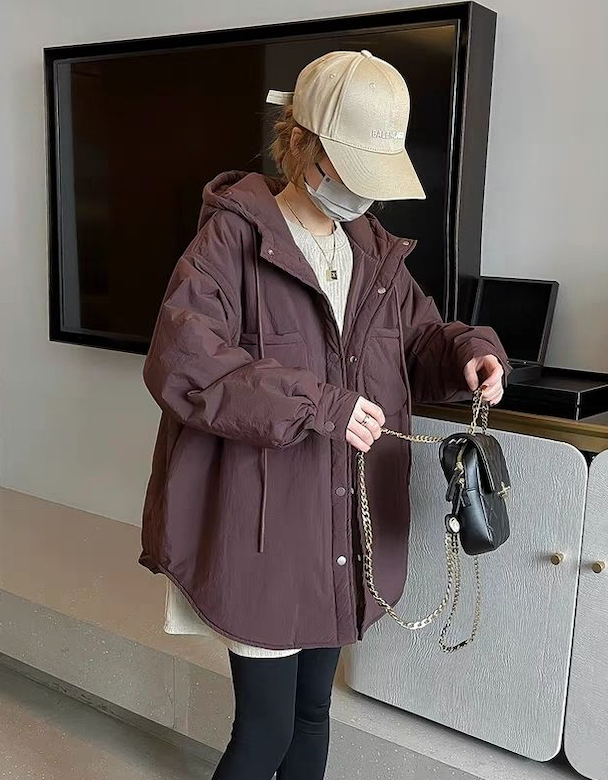 韓版輕薄棉服連帽秋冬新款貨闊襯衫棉衣中長款寬松棉連帽外套25111802