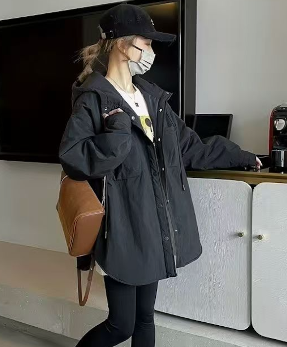 韓版輕薄棉服連帽秋冬新款貨闊襯衫棉衣中長款寬松棉連帽外套25111802