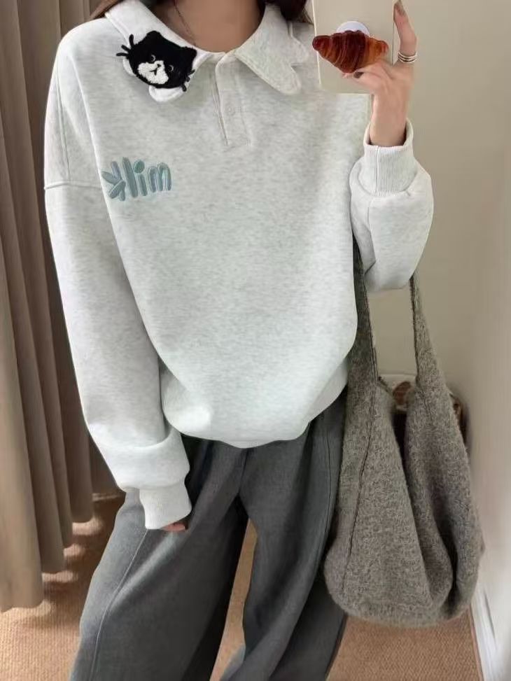 韓版可愛酸湯貓刺繡POLO翻領衛衣女秋冬季加絨加厚高級感休閒寬松上衣25112001