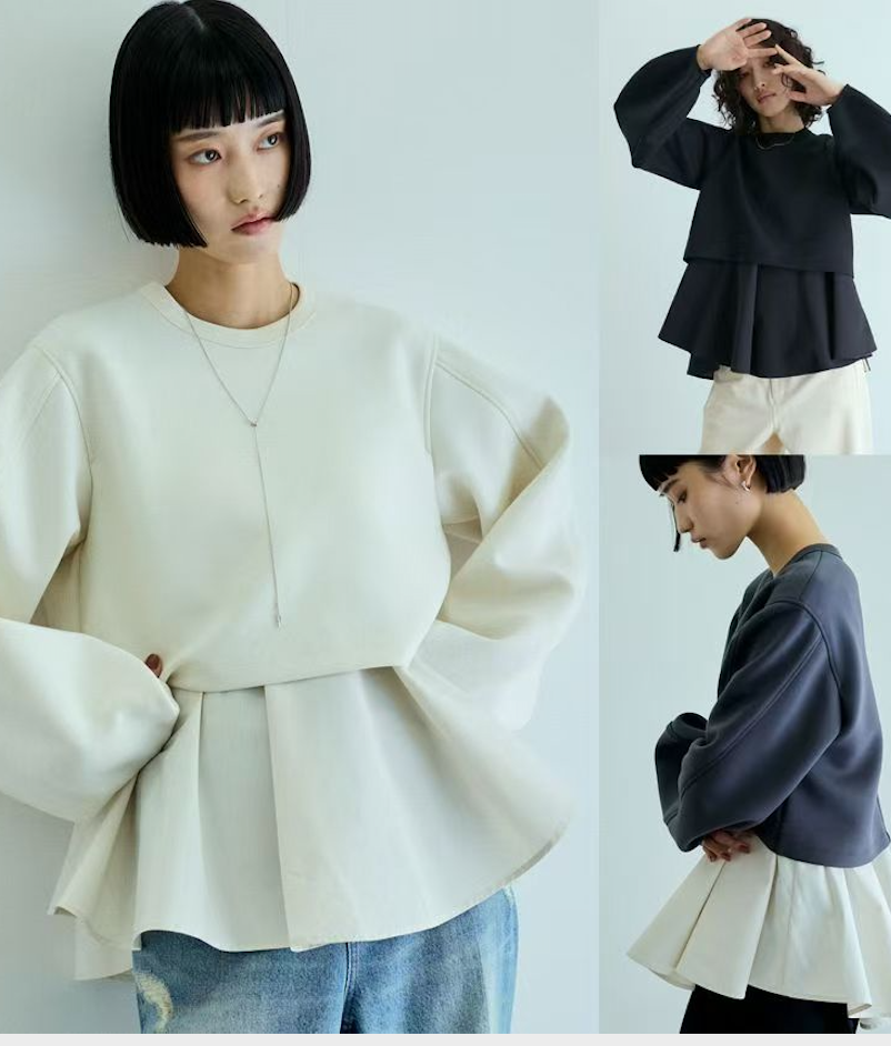 韓版新款設計款拼色拼接荷葉下擺假兩件套拼接衛衣時尚女上衣25112502