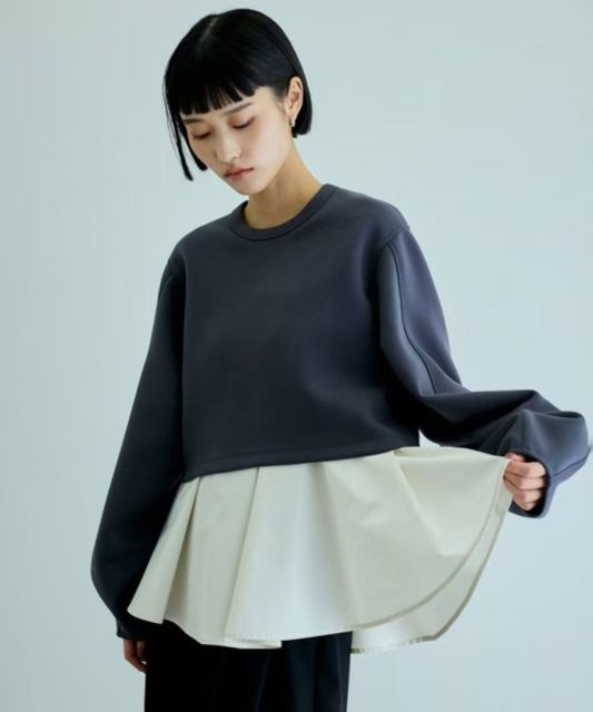 韓版新款設計款拼色拼接荷葉下擺假兩件套拼接衛衣時尚女上衣25112502