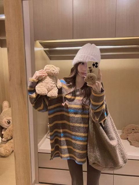 韓版米色條紋正肩長袖t恤打底衫女秋冬內搭加厚磨毛保暖上衣寬松25120803