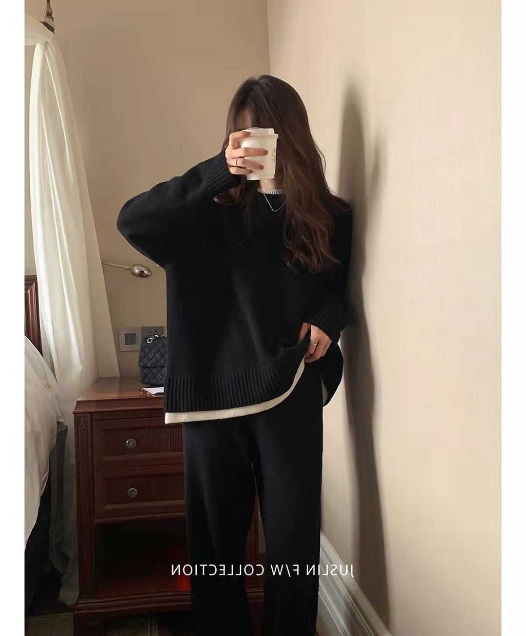 韓國設計感假兩件白邊毛衣加厚鬆緊腰直筒拖地褲內搭針織上衣女外穿套裝25121704