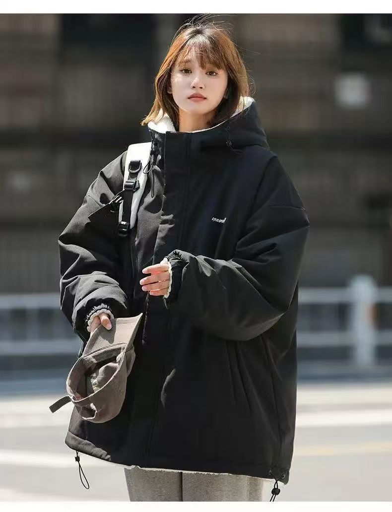 韓國雙面穿棉服加絨加厚秋冬新款寬松保暖棉襖羊羔毛外套女25121804