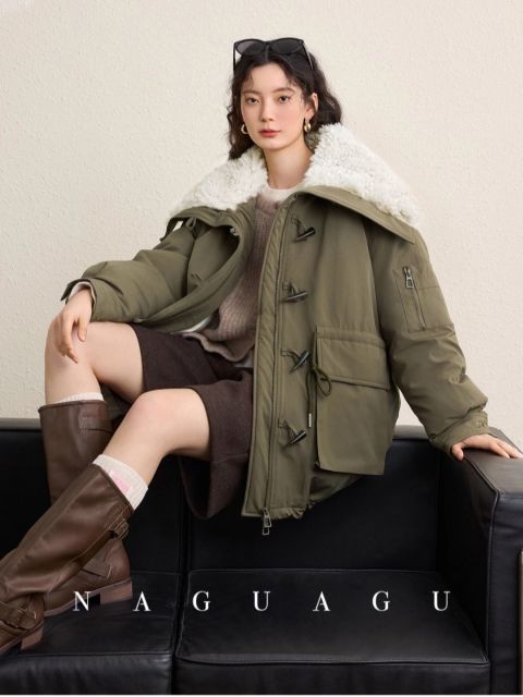 韓國牛角扣仿羊羔毛大翻領棉服新款派克工裝短款外套趙露思同款25122003