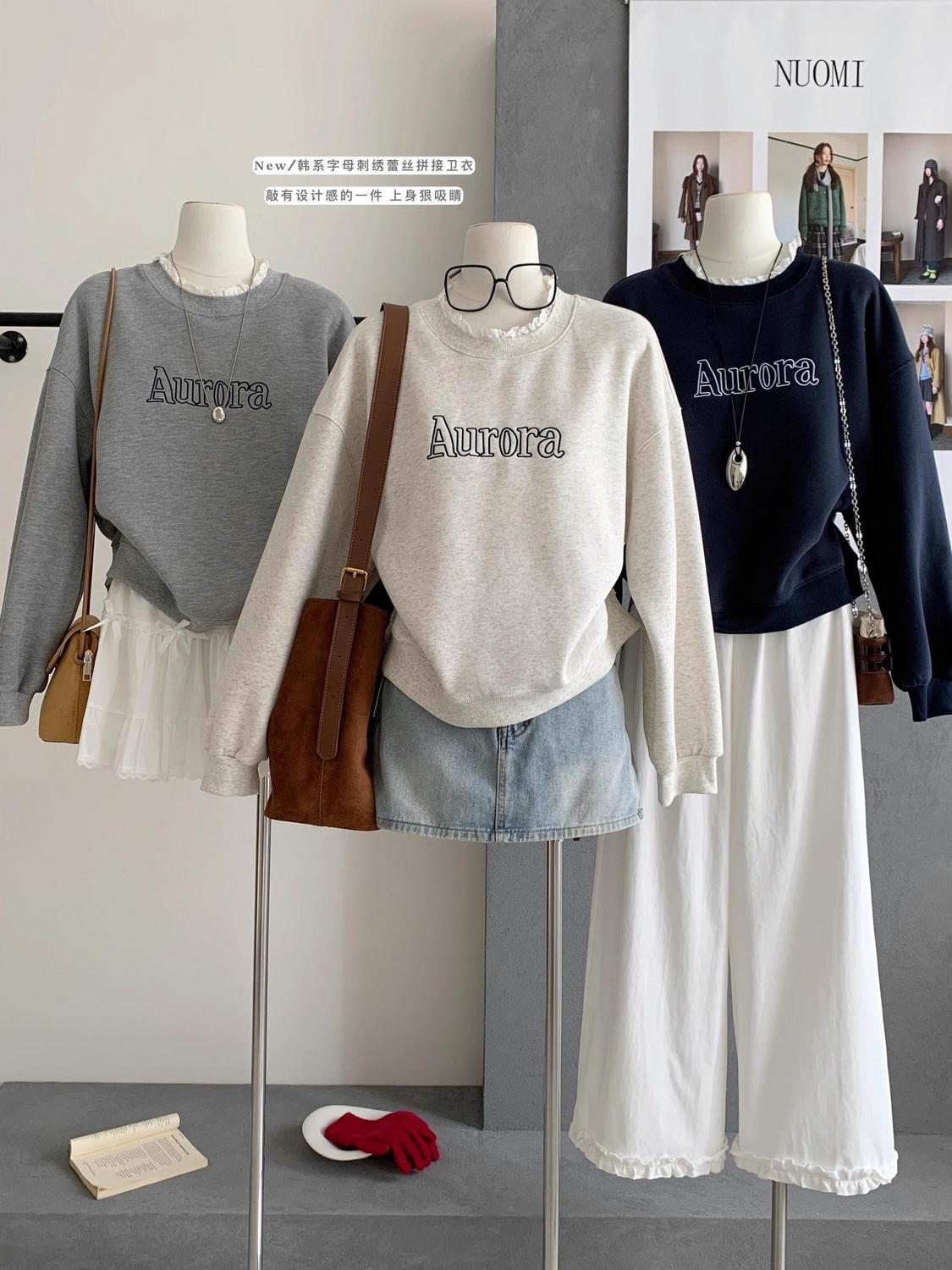 韓國蕾絲花邊拼接假二件圓領衛衣女!秋冬韓系字母印花套頭衫休閒上衣25121905