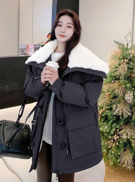 韓國牛角扣仿羊羔毛大翻領棉服新款派克工裝短款外套趙露思同款25122003
