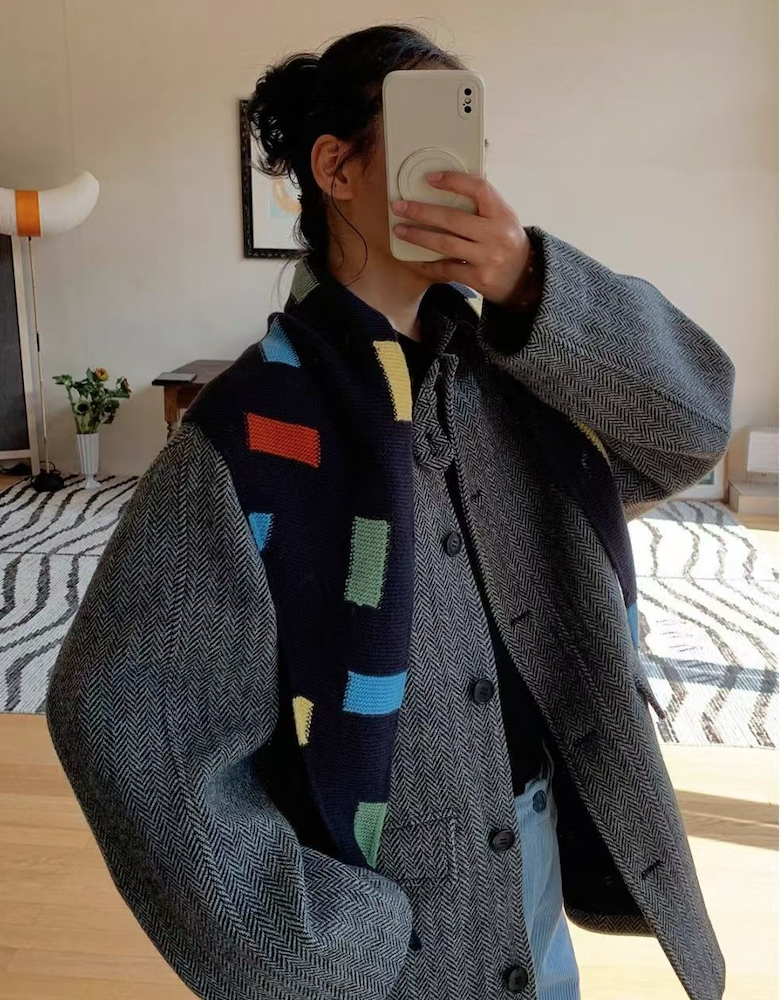 韓國秋冬新款保暖針織圍巾女冬季色彩拼接仿羊毛大三角巾披肩25122703