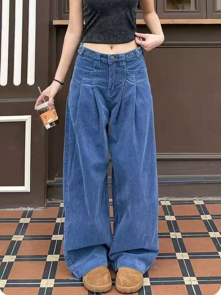 韓國深藍色闊腿牛仔褲女秋冬復古高腰直筒梨形遮胯顯瘦褲子25121904