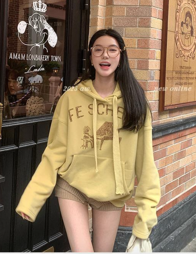 韓版加絨加厚連帽衛衣外套女冬季美式復古寬松慵懶風印花長袖上衣26010503