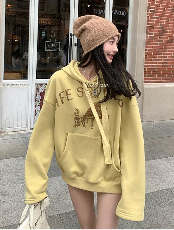 韓版加絨加厚連帽衛衣外套女冬季美式復古寬松慵懶風印花長袖上衣26010503